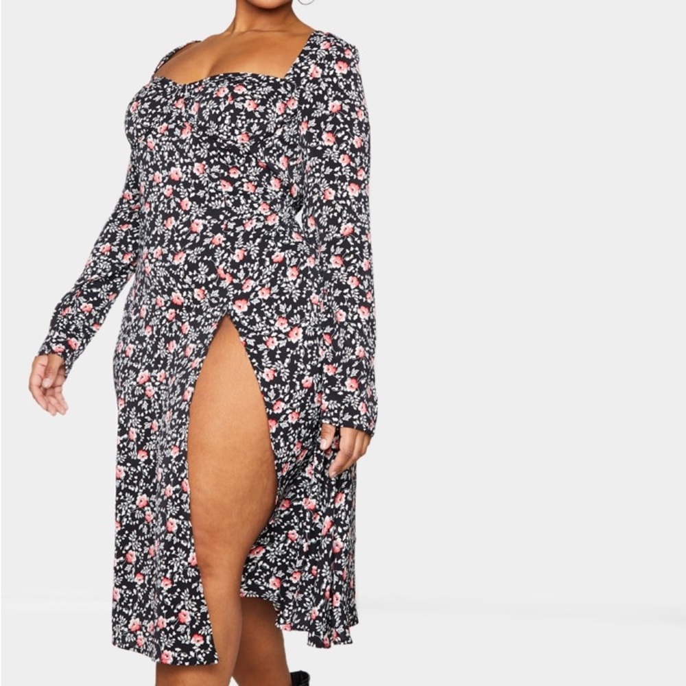 PLT Plus Black Floral Print Cupped Split Detail Midi Dress Sz.22